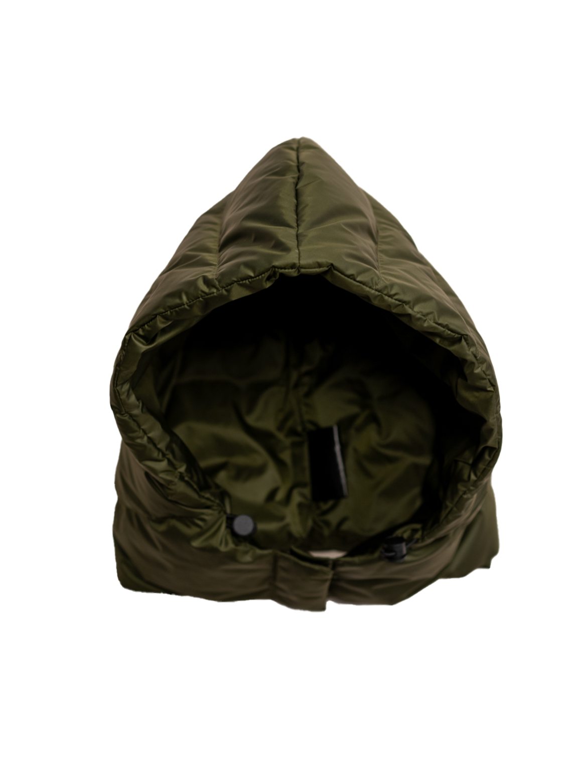 Tummanvihreä Joutsen-irtohuppu, jossa on tikkaukset ja neppi kiinnitystä varten. Huppu on kuvattu edestäpäin, ja sen sisäpuoli on osittain näkyvissä.