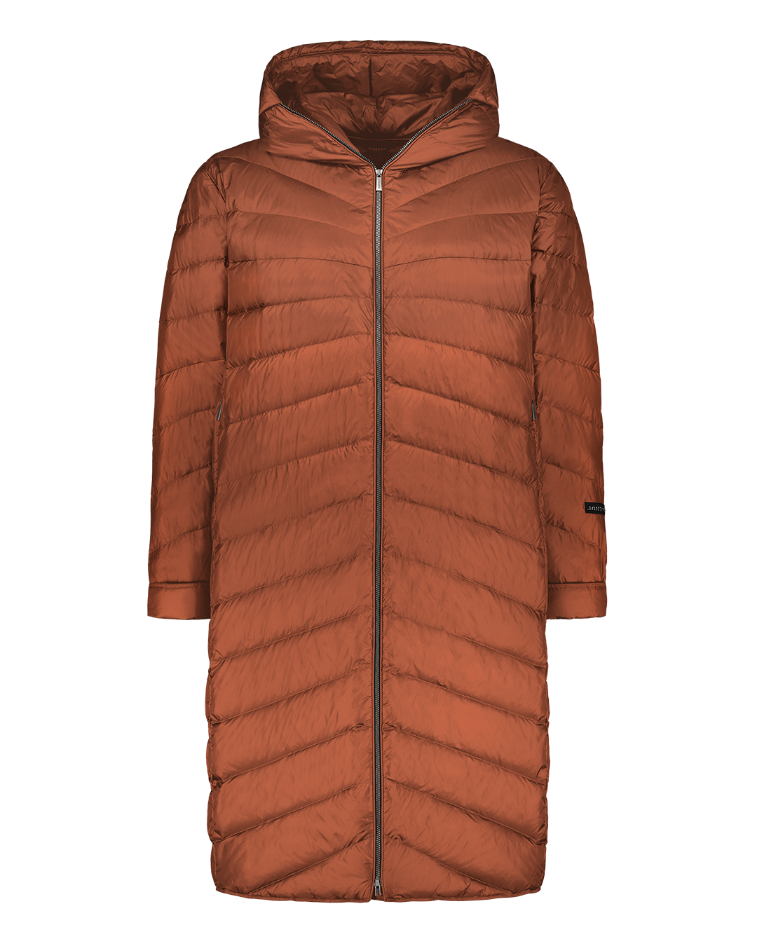 Pitkä oranssin sävyinen Säde-kevytuntuvatakki (väri: ruusukulta), jossa on vinoon ommellut tikaukset, vetoketju edessä ja huppu. Takki on kuvattu edestä taustattomana ilman mallia.