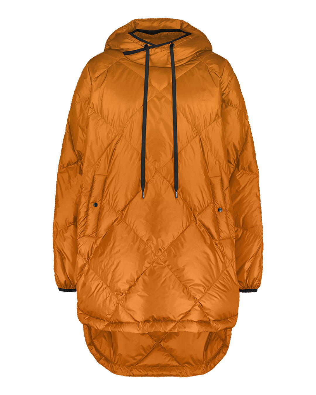 Keltaisessa Velho-untuva-anorakissa (väri: meripihka) on timanttitikattu pinta, huppu kiristysnyöreillä ja napilliset sivutaskut. Helmassa on takaa selvästi pidempi leikkaus.