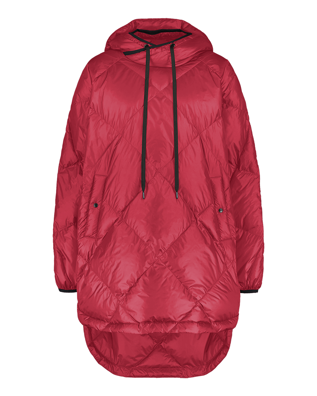 Punaisessa Velho-untuva-anorakissa (väri: vadelma) on timanttitikattu pinta, huppu kiristysnyöreillä ja napilliset sivutaskut. Helmassa on takaa selvästi pidempi leikkaus.