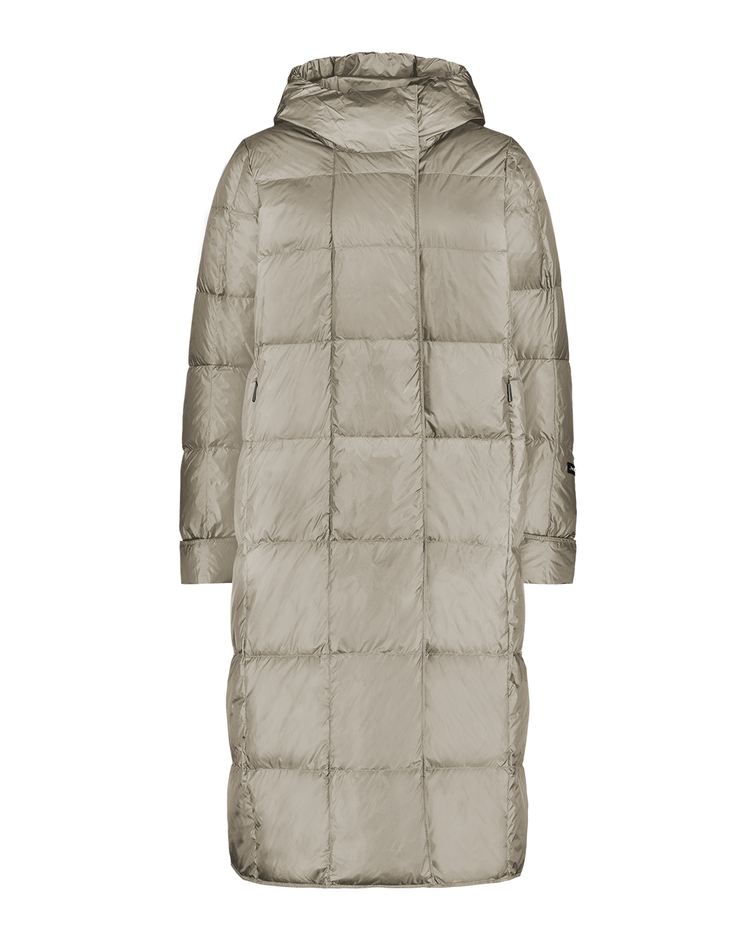 Beige, pitkänmallinen Essi-kevytuntuvatakki (väri: samppanja), jossa on suorat neliömäiset tikkaukset, huppu ja pitkät hihat. Edessä huomaamaton vetoketju ja sivuilla taskut.