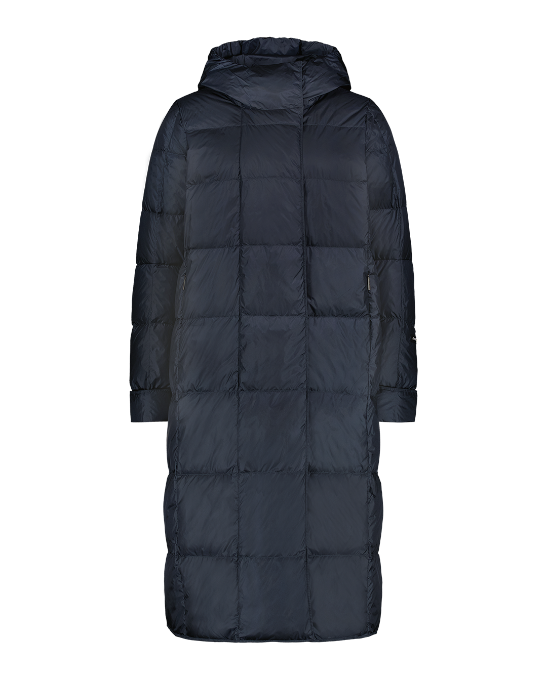 Tummansininen, pitkänmallinen Essi-kevytuntuvatakki (väri: yönsininen), jossa on suorat neliömäiset tikkaukset, huppu ja pitkät hihat. Edessä huomaamaton vetoketju ja sivuilla taskut.