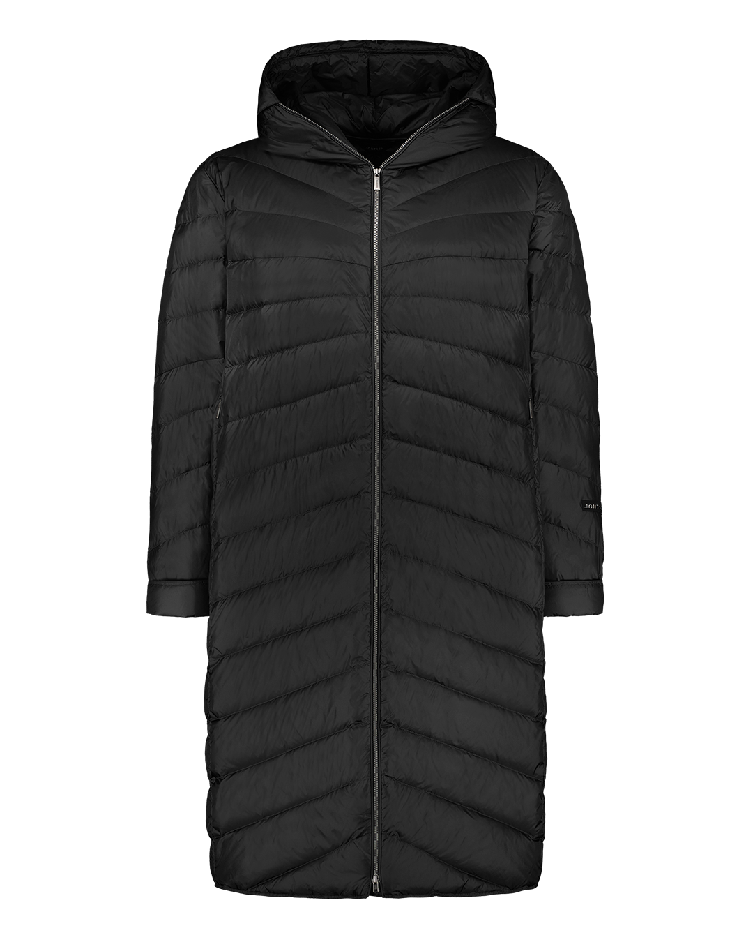 Pitkä musta Säde-kevytuntuvatakki (väri: hiilenmusta), jossa on vinoon ommellut tikaukset, vetoketju edessä ja huppu. Takki on kuvattu edestä taustattomana ilman mallia.