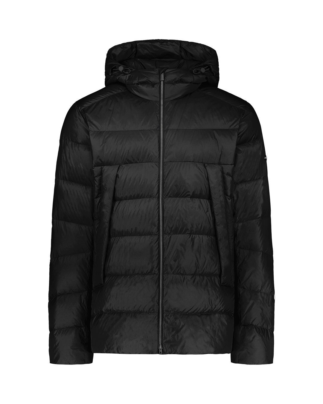 Musta, hupullinen Valto-kevytuntuvatakki (väri: hiilenmusta), jossa on vaakasuorat tikkaukset, vetoketjukiinnitys ja suuret etutaskut.