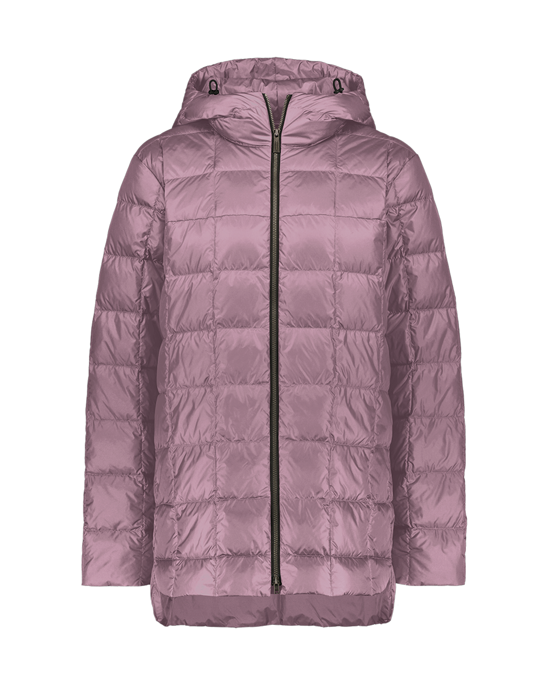 Vaaleanvioletti Tulppaani-kevytuntuvatakki (väri: orkidea), jossa on ruututikkaus, vetoketjukiinnitys ja huppu kiristysnyöreillä. Kuvattu ilman mallia.