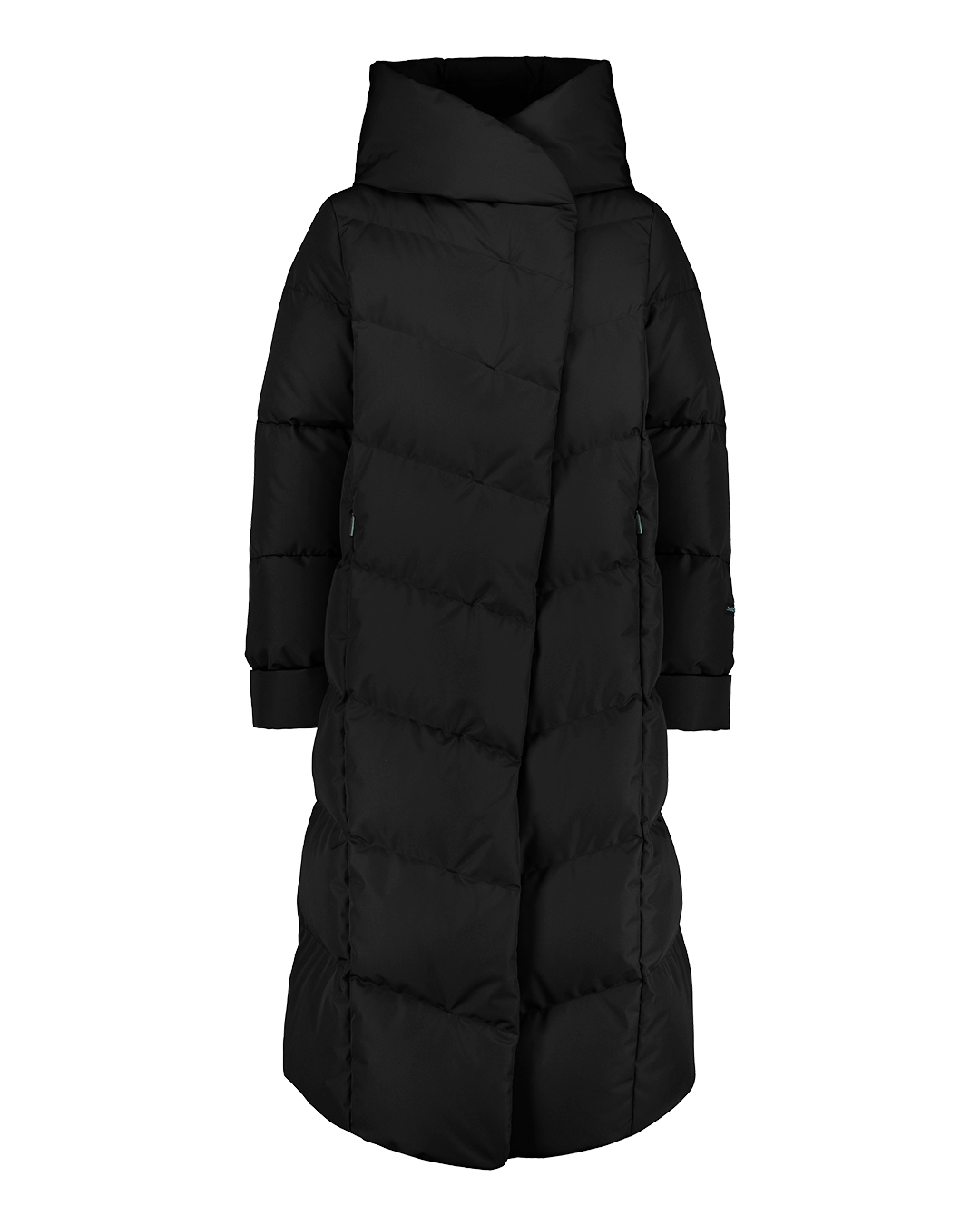 Musta (värinimi: mustatorvisieni) Aino untuvatakki on pitkä ja viistosti vaakatikattu. Takissa on iso kiinteä huppu ja käänneetävät hihansuut.