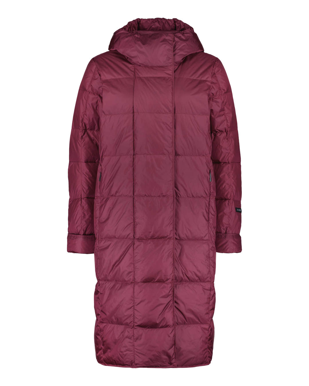 Tummanpunainen, pitkänmallinen Essi-kevytuntuvatakki (väri: punaviini), jossa on suorat neliömäiset tikkaukset, huppu ja pitkät hihat. Edessä huomaamaton vetoketju ja sivuilla taskut.