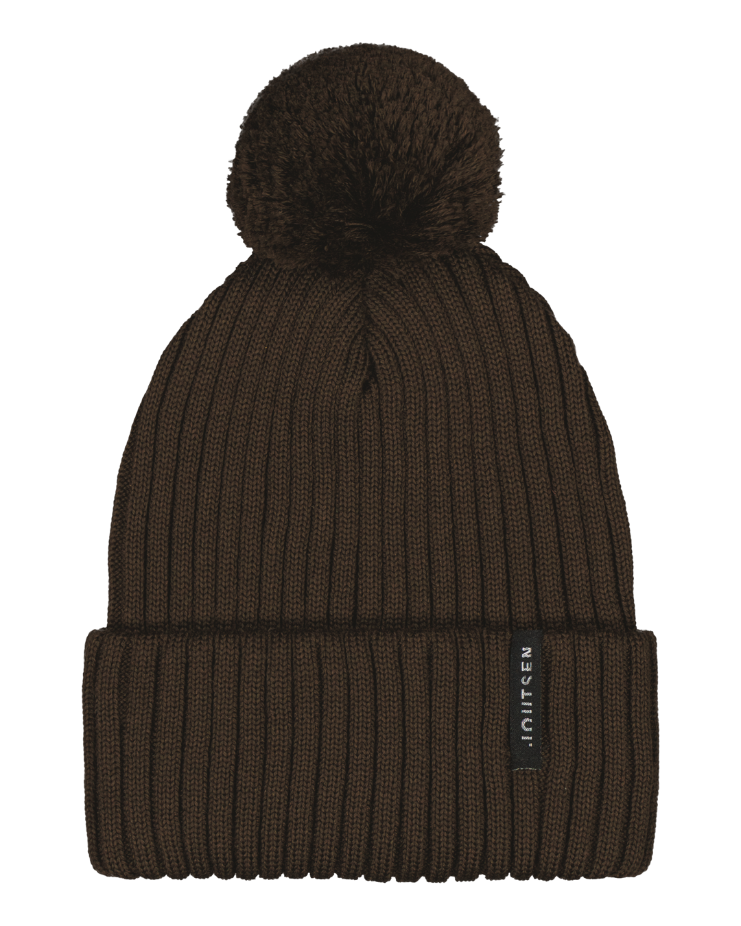 Ribbineuloksinen tummanruskea Ilves-merinopipo (väri: suklaa), jossa on suuri tupsu päällä ja taitettu reunus. Reunassa on musta kangasmerkki, jossa Joutsen-logo.