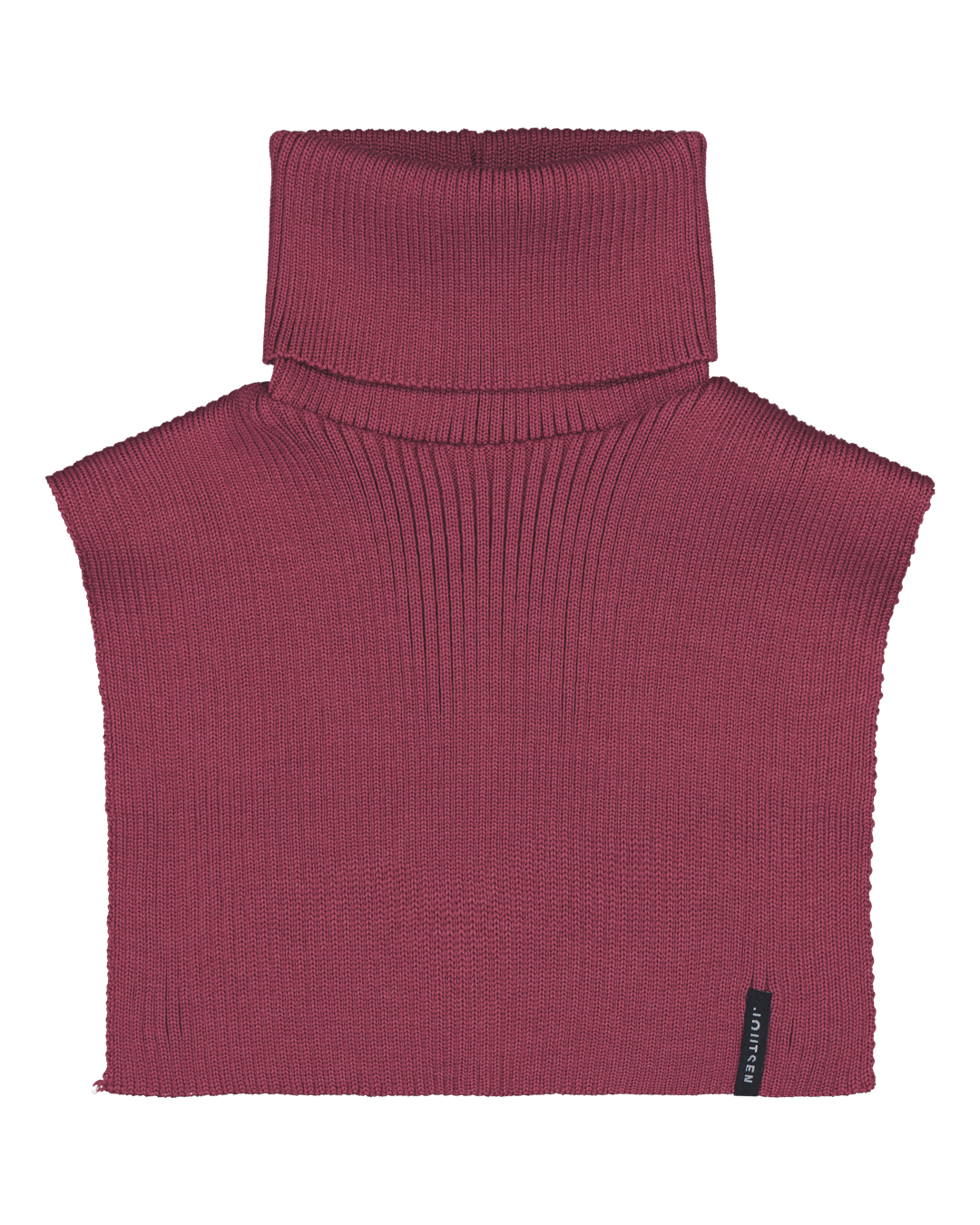 Punainen, ribbineuloksinen Kettu-merinokauluri (väri: marjapuuro), jossa on korkea poolokaulus ja alareunassa musta Joutsen-logo.