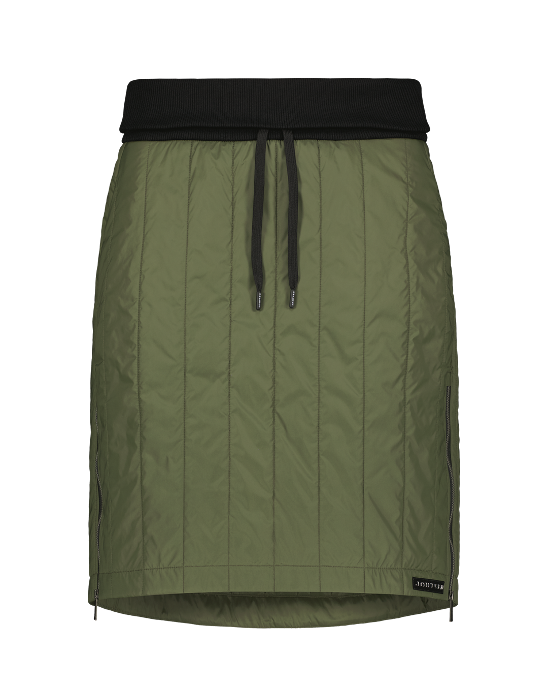 Vihreä pystytikattu Kieppi-hame, jossa on musta joustovyötärö ja kiristysnauhat sekä vetoketjut sivuilla.