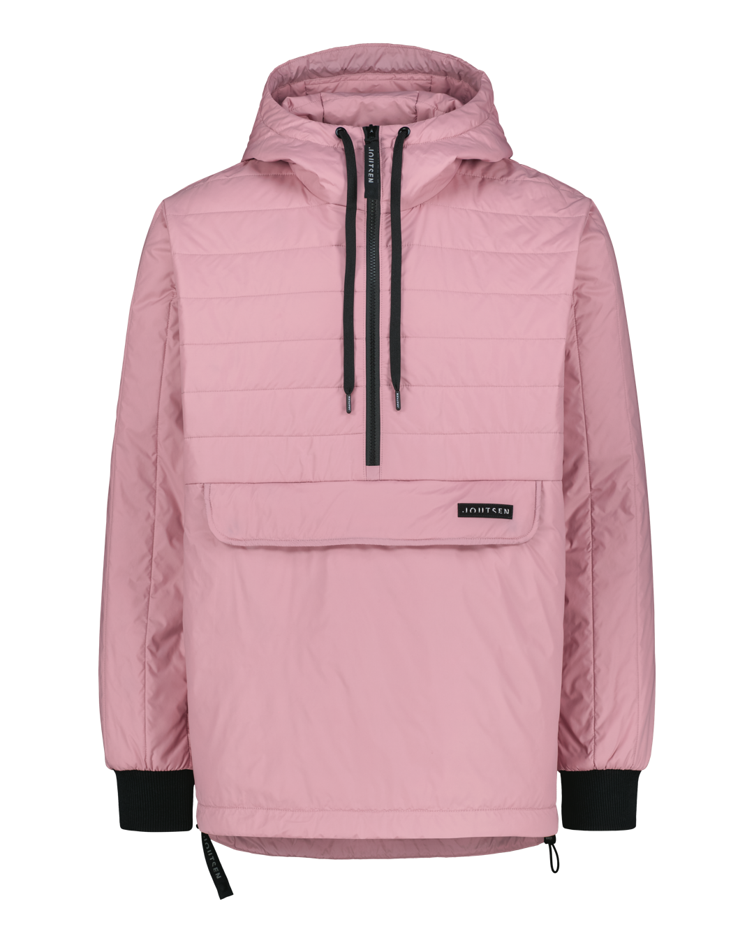 Vaaleanpunainen anorakki, jossa on huppu, mustat kiristysnauhat ja vetoketju kauluksessa. Etupuolella suuri vaakasuuntainen läppätasku ja mustat resorit hihansuissa.