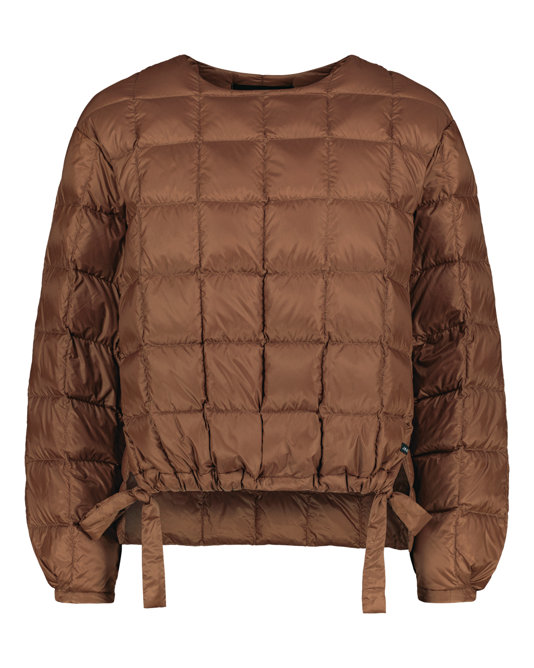 Ruskea kevytuntuvapaita, jossa on pyöreä pääntie, tikattu pinta ja helmassa kiristettävät nauhat.