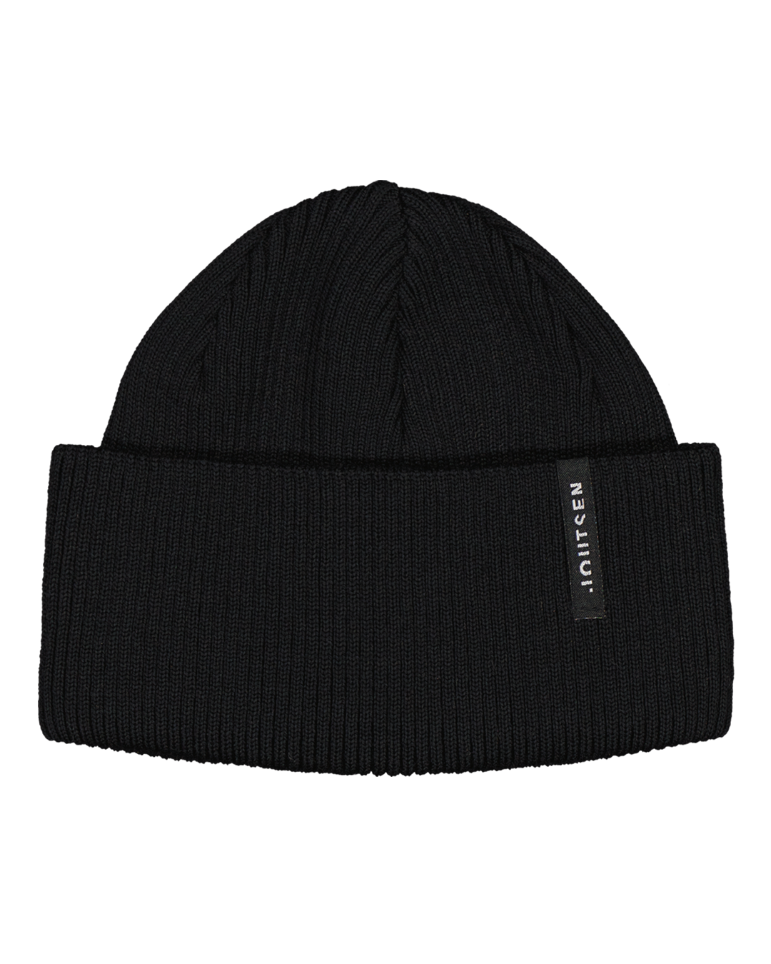 Musta, ribbineuloksinen Mäyrä-merinopipo, jossa on käännetty reunus ja sivusaumassa musta Joutsen-logo.