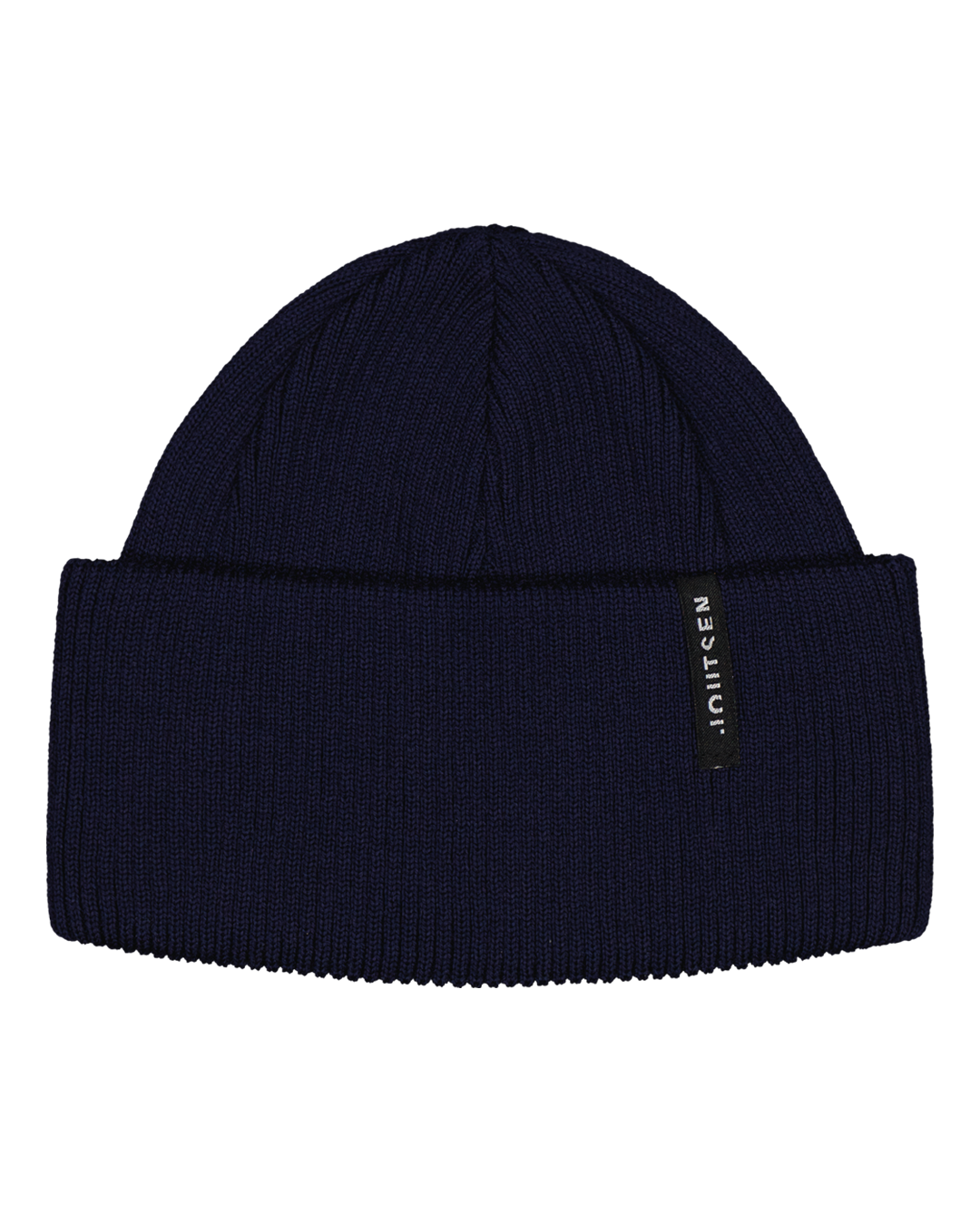 Tumma sininen, ribbineuloksinen Mäyrä-merinopipo, jossa on käännetty reunus ja sivusaumassa musta Joutsen-logo.