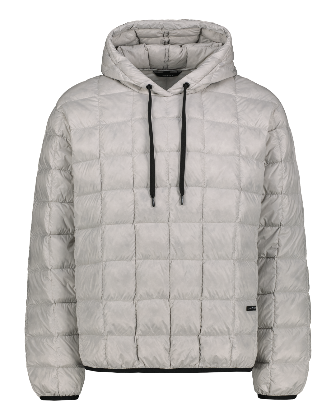 Vaaleanharmaa ruututikkikuvioitu untuvahuppari, jossa on kiristysnyörit hupussa.