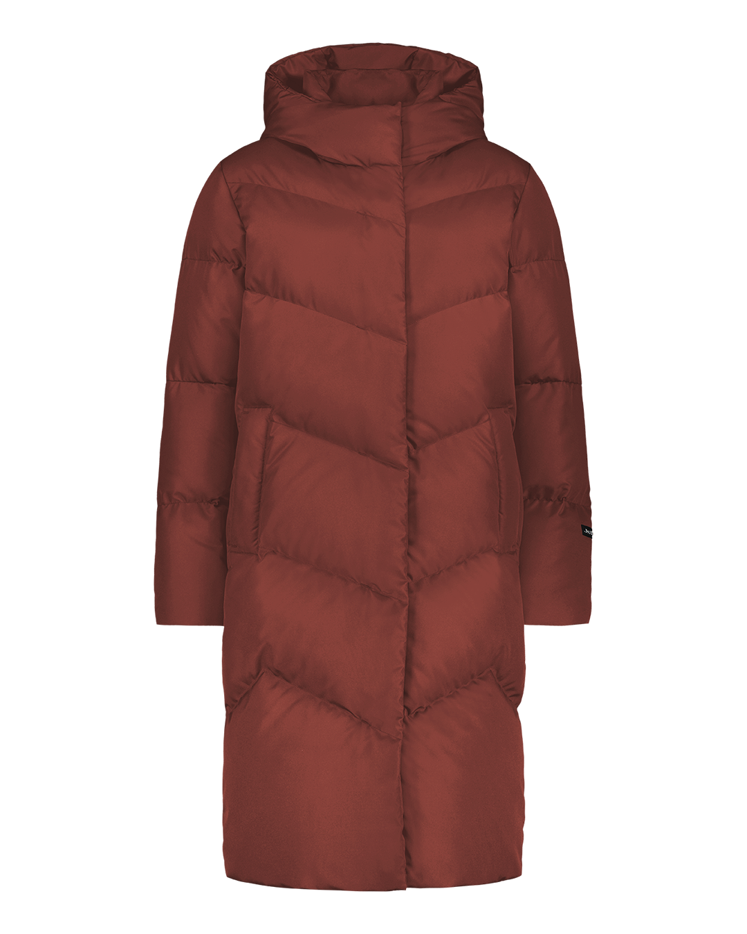 Punainen, pitkä Reina-untuvatakki (väri: tiilenpunainen), jossa on huppu ja vinoon tikattu kuviointi. Edessä täyspitkä vetoketju. Takki on kuvattu ilman mallia.