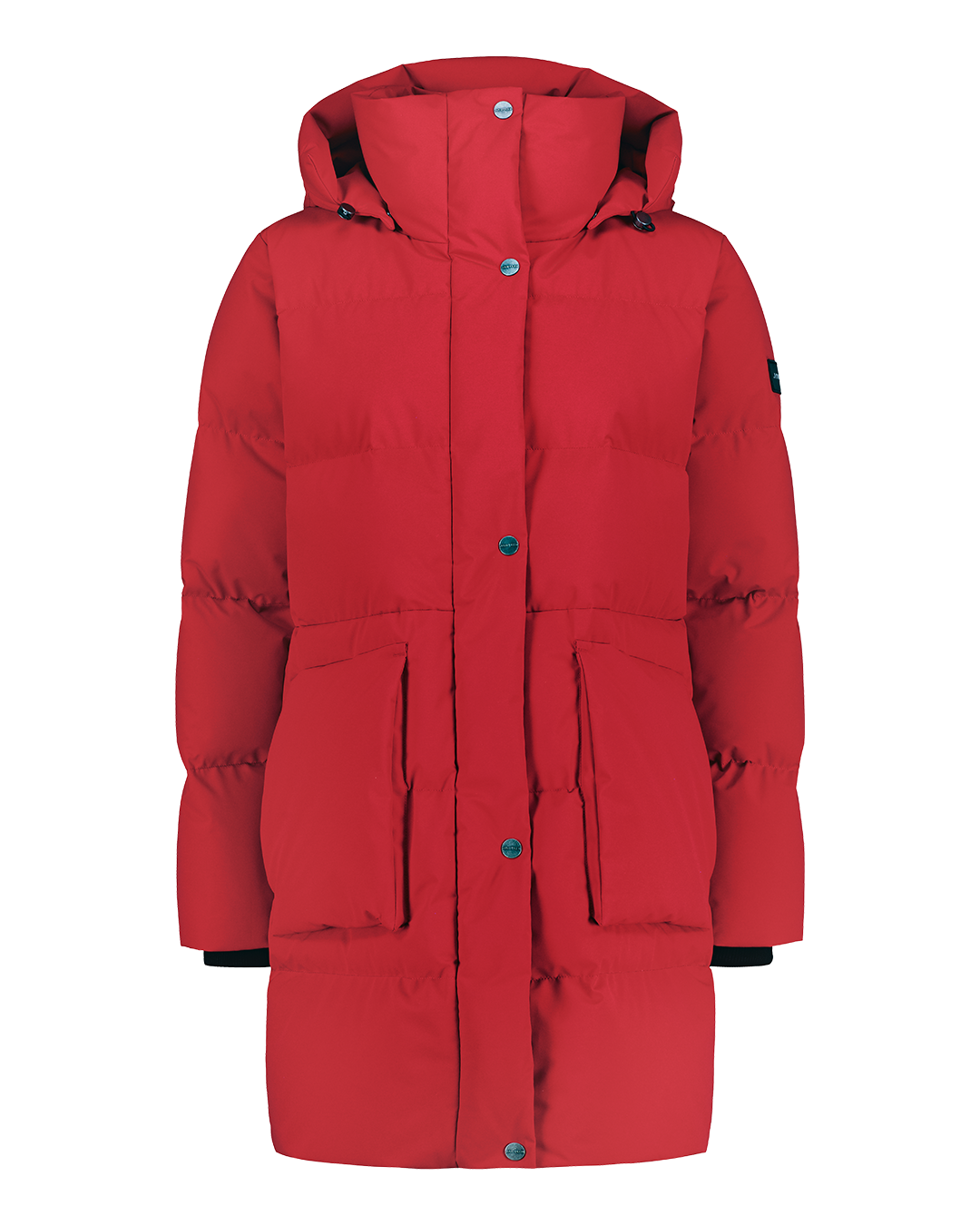 Pitkä Siiri-untuvaparkatakki punaisena (väri: chili). Takissa on suuri huppu, isot etutaskut ja nappi- sekä vetoketjukiinnitys.
