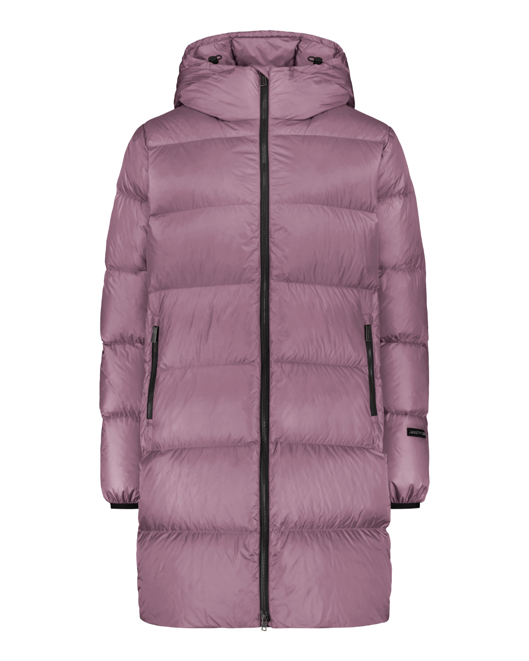 Vaaleanpunainen (väri: orkidea) Silvia untuvatakki on polvipituinen malli, jossa on leveät vaakasuuntaiset tikkaukset, vetoketju edessä ja huppu kiristysnyöreillä.