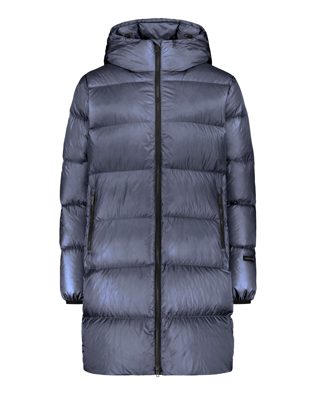 Polvipituinen, siniharmaa (väri: myrskyluoto) Silvia untuvatakki, jossa on leveät vaakasuuntaiset tikkaukset, vetoketju edessä ja huppu kiristysnyöreillä.