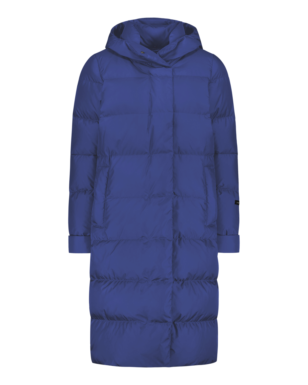 Sininen (väri: indigonsininen) Ulrika untuvatakki on polvipituinen malli, jossa on leveät vaakasuuntaiset tikkaukset, etuvetoketju ja huppu.