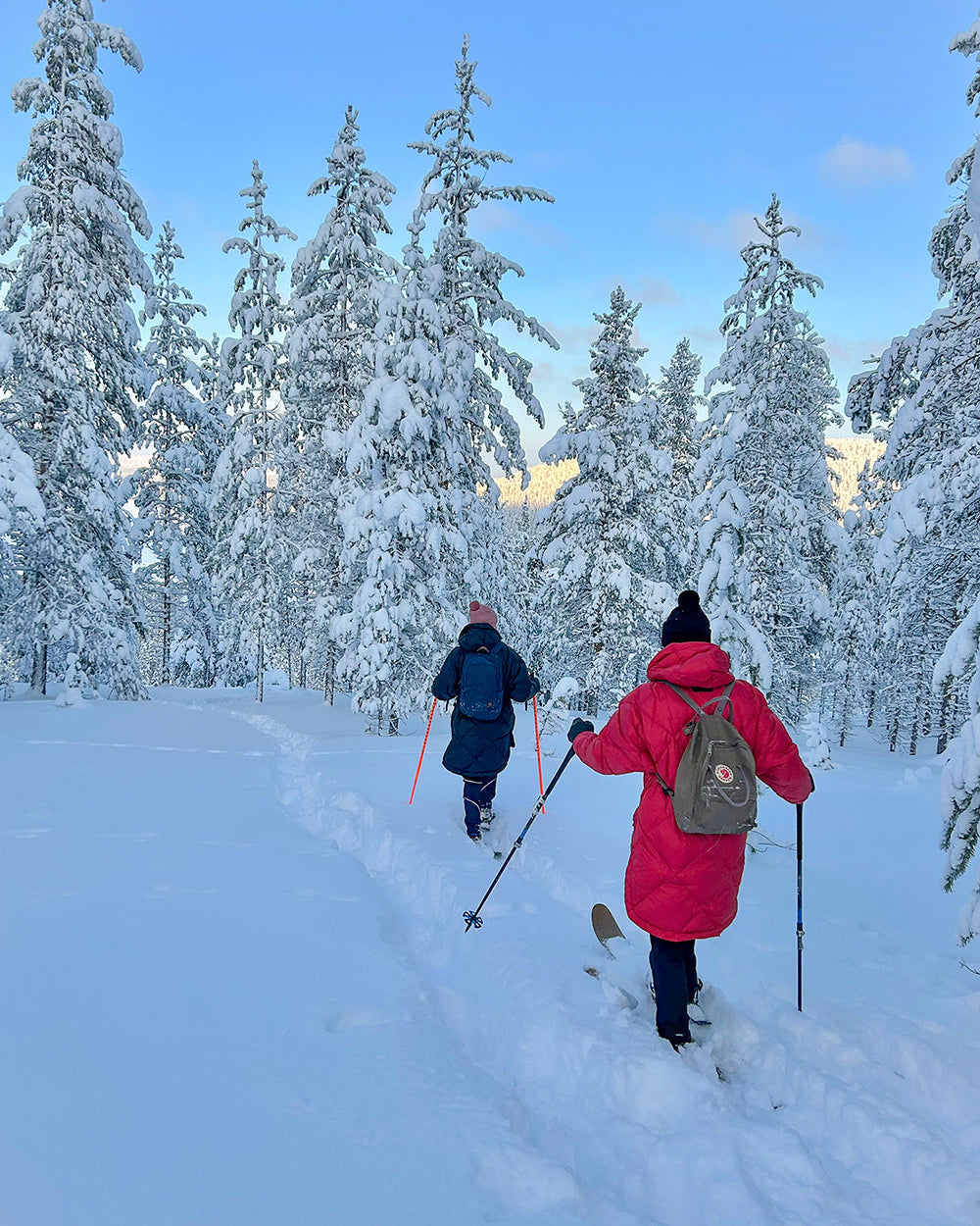 Kaksi henkilöä hiihtää lumisessa metsässä selin kameraan. Edellä kulkevalla on yllään musta Velho-untuva-anorakki, jossa on huppu ja timanttitikattu pinta. Takana hiihtää henkilö reppu selässä pukeutuneena punaiseen Velho-untuva-anorakkiin (väri: vadelma).