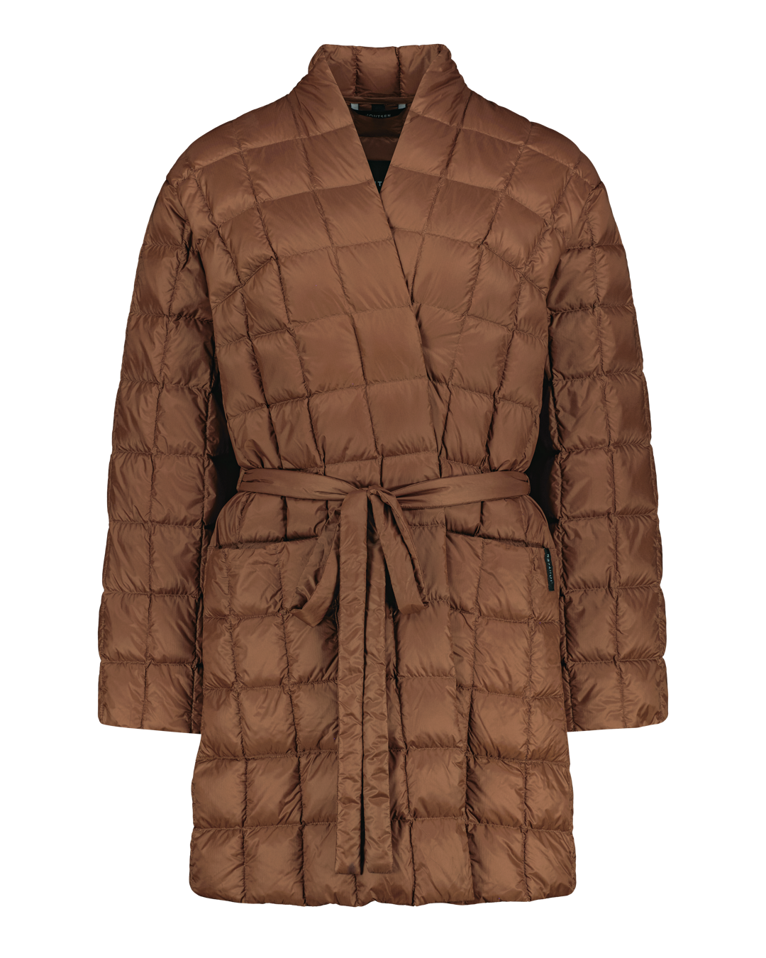 Ruskea tikkikuvioitu kevytuntuvatakki, jossa on kietaisumallinen etuosa ja vyö vyötäröllä.