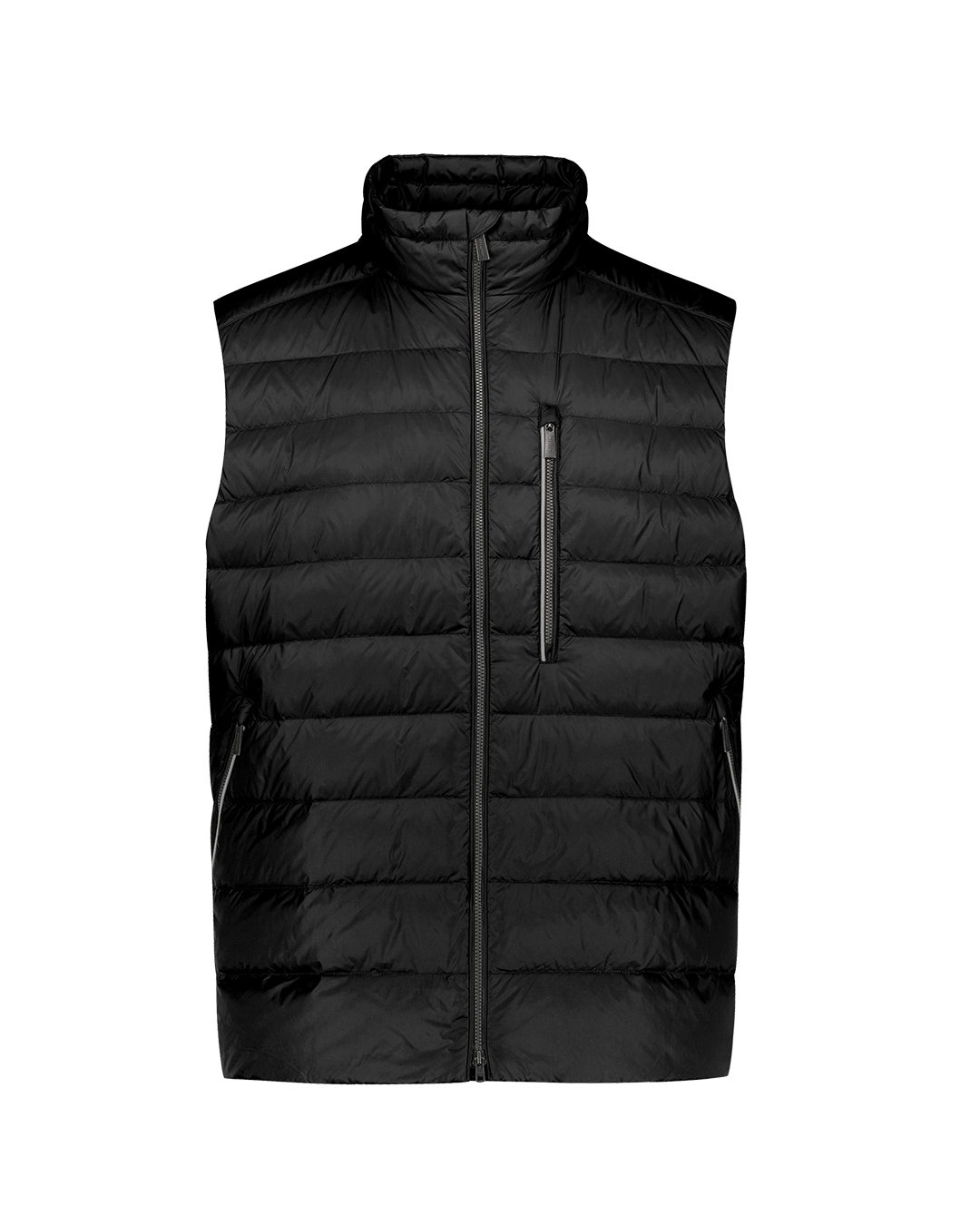 Musta Pouta-untuvaliivi (väri: hiilenmusta), jossa on vaakasuorat tikkaukset, vetoketjukiinnitys ja vetoketjullinen rintatasku.