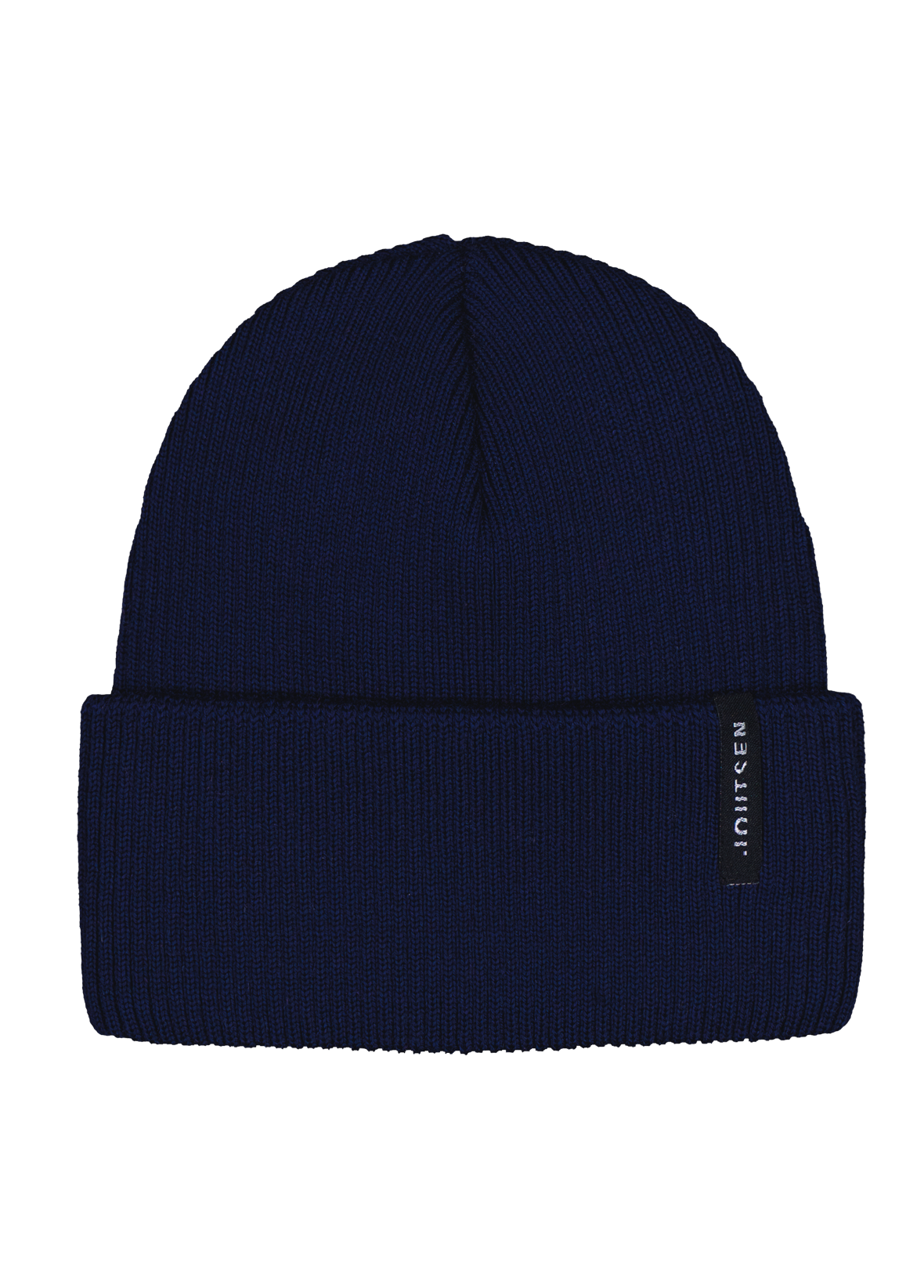 Tumma sininen, neulottu Naali-merinopipo, jossa on leveä käänne ja Joutsen-logomerkki reunassa.