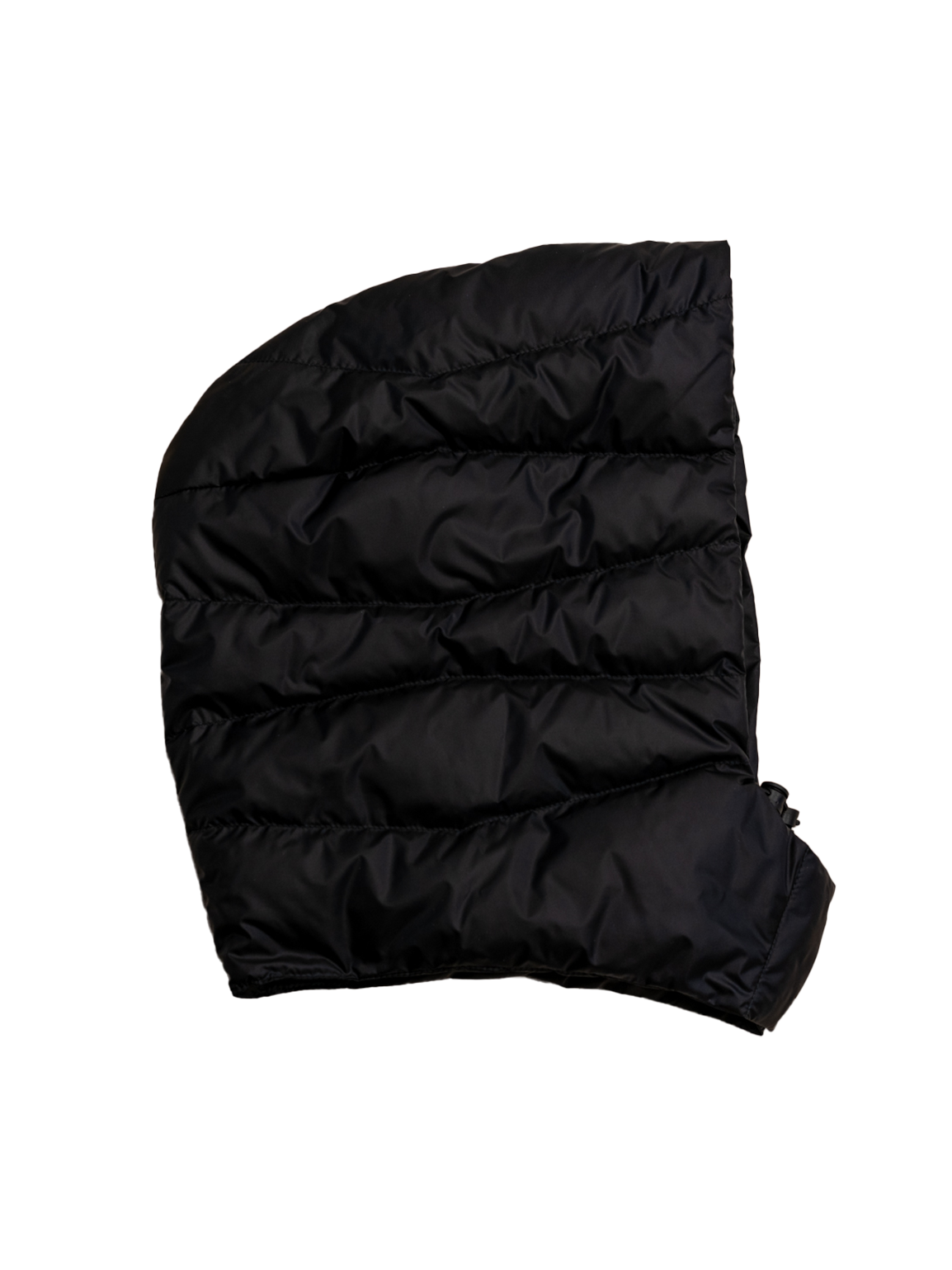 Musta Joutsen-irtohuppu (väri: hiilenmusta), jossa vaakasuuntaiset tikkaukset ja kiristysnyöri alareunassa. Huppu on kuvattu sivusuunnasta tasaisella taustalla.