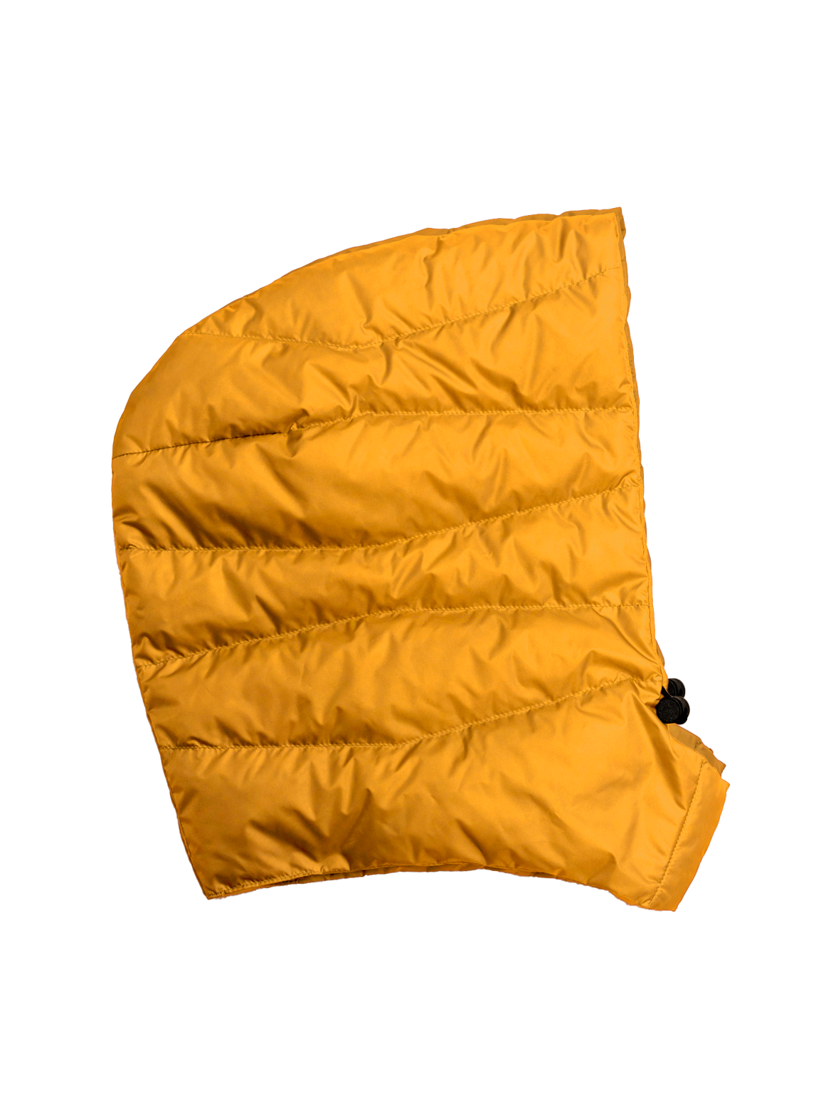 Keltainen Joutsen-irtohuppu (väri: meripihka), jossa vaakasuuntaiset tikkaukset ja kiristysnyöri alareunassa. Huppu on kuvattu sivusuunnasta tasaisella taustalla.