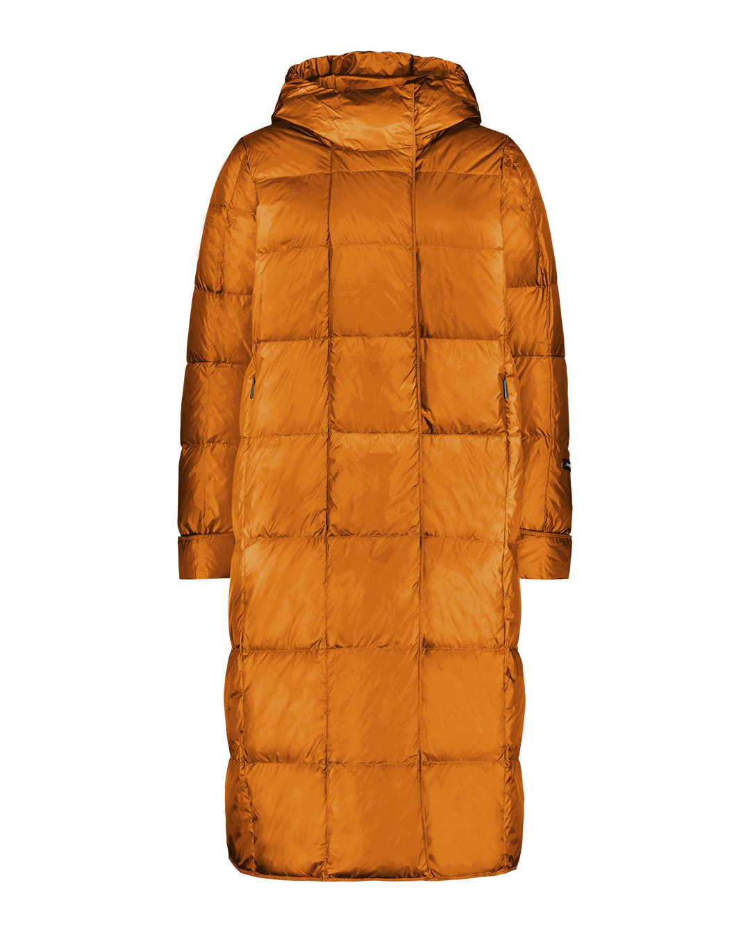 Keltainen, pitkänmallinen Essi-kevytuntuvatakki (väri: meripihka), jossa on suorat neliömäiset tikkaukset, huppu ja pitkät hihat. Edessä huomaamaton vetoketju ja sivuilla taskut.