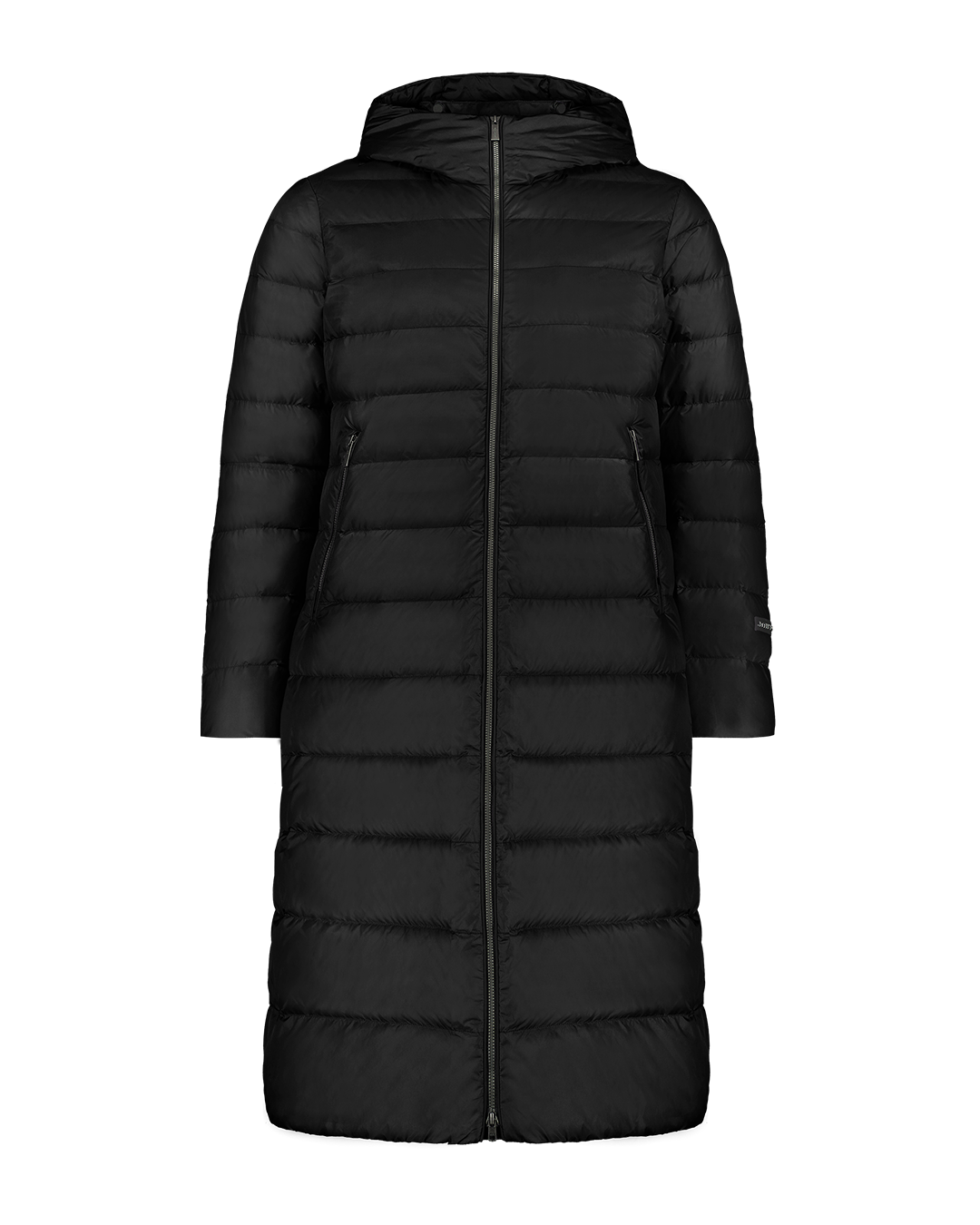 Pitkä, tikattu kevytuntuvatakki, jossa on huppu ja täyspitkä vetoketju edessä. Takissa on sivuilla vetoketjutaskut ja sileät hihat ilman näkyviä yksityiskohtia. Väri on musta (väri: hiilenmusta).