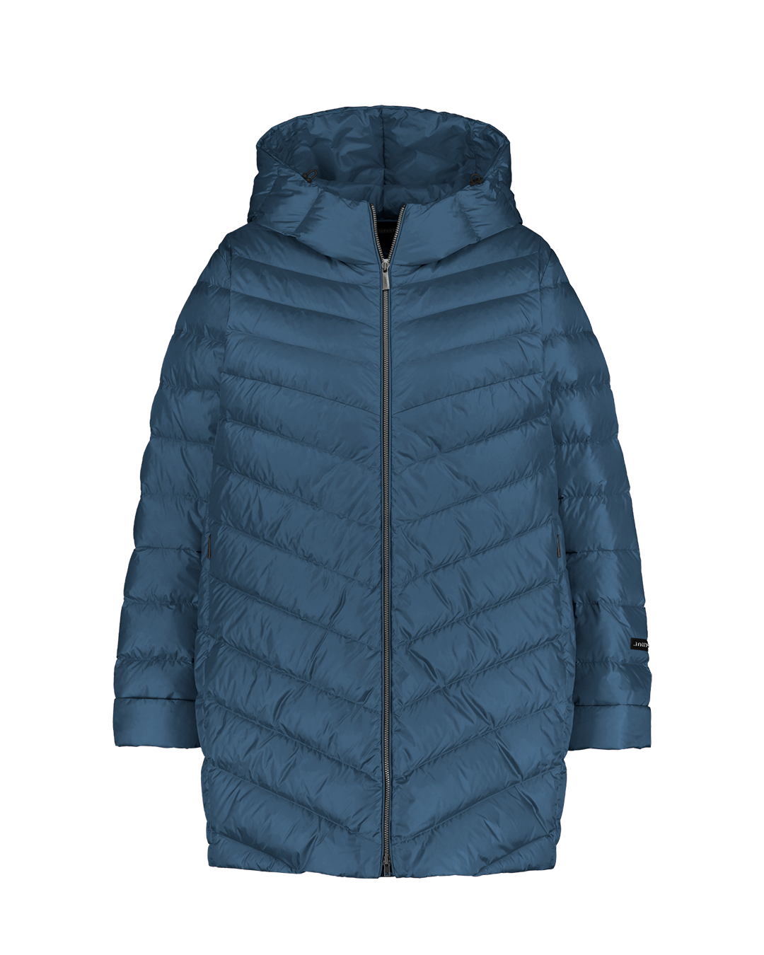 Sininen (väri: sinisiipi) Jasmin kevytuntuvatakki, jossa on kevyesti kiiltävä pinta ja vinot tikkaukset. Takissa on huppu, pitkät hihat ja edessä vetoketjukiinnitys.