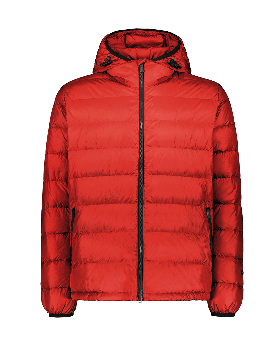 Lyhyt Kuulas-kevytuntuvatakki vadelmanpunaisena. Takissa on vaakasuuntaiset tikkaukset, kiiltävä pinta, vetoketjulliset sivutaskut ja kiinteä huppu kiristysnyöreillä.