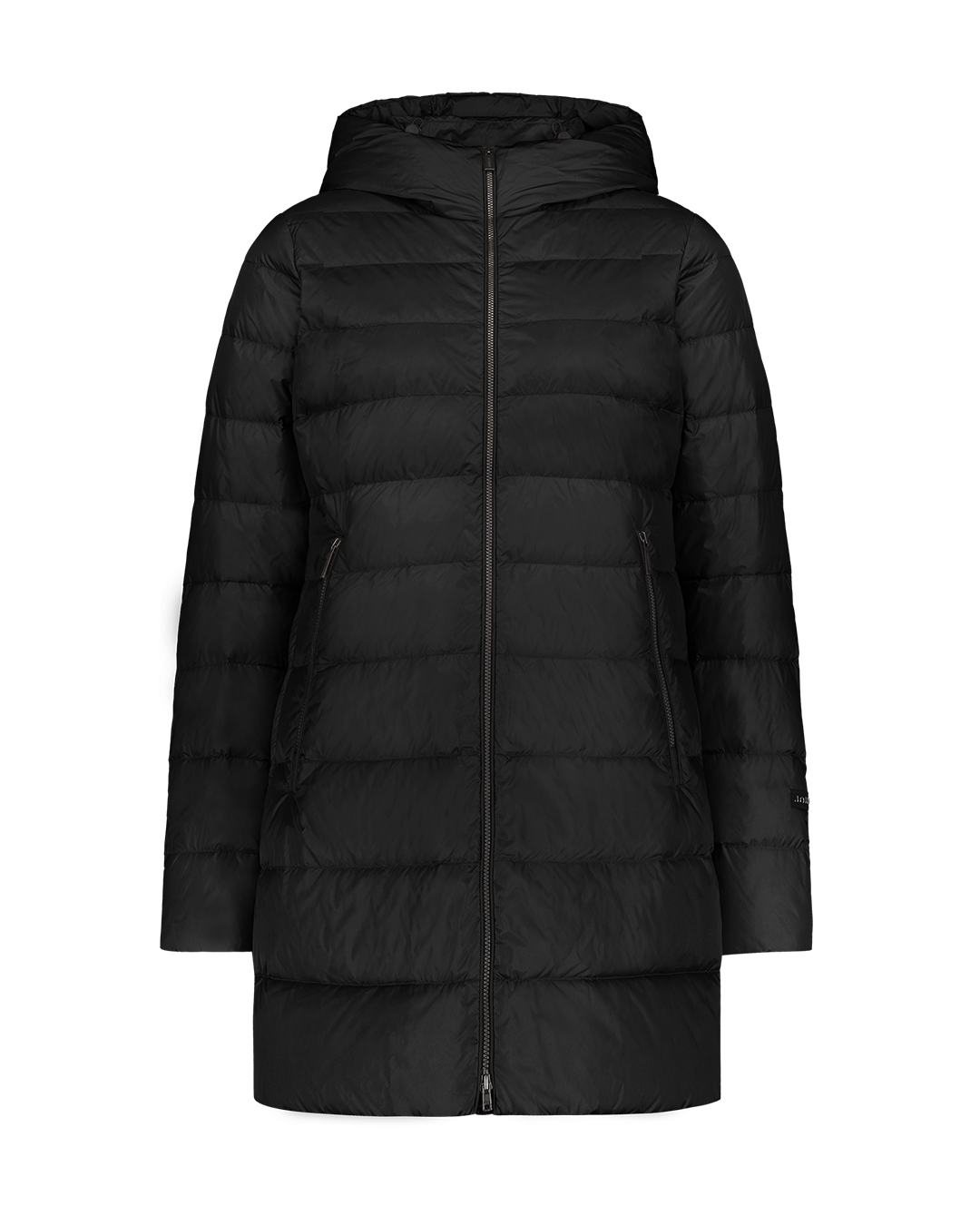 Musta, reiden puoliväiin ulottuva Ruut-kevytuntuvatakki (väri: hiilenmusta), jossa on vaakasuorat tikkaukset, huppu ja vetoketjulliset taskut. Takki on kuvattu edestä ilman mallia tai taustaa.