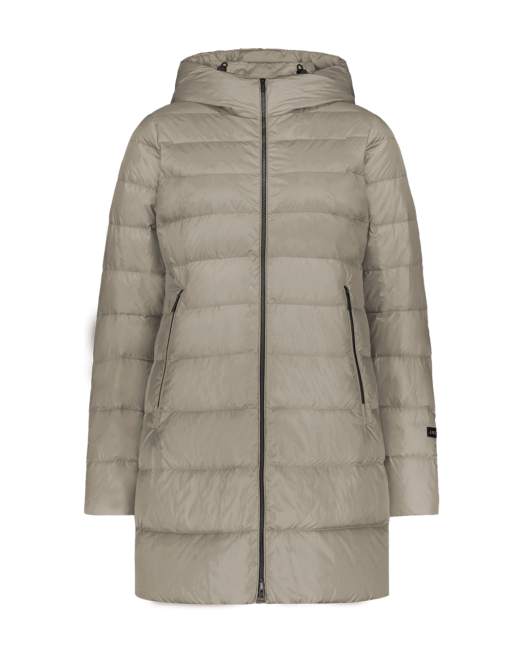 Beige, reiden puoliväiin ulottuva Ruut-kevytuntuvatakki (väri: samppanja), jossa on vaakasuorat tikkaukset, huppu ja vetoketjulliset taskut. Takki on kuvattu edestä ilman mallia tai taustaa.