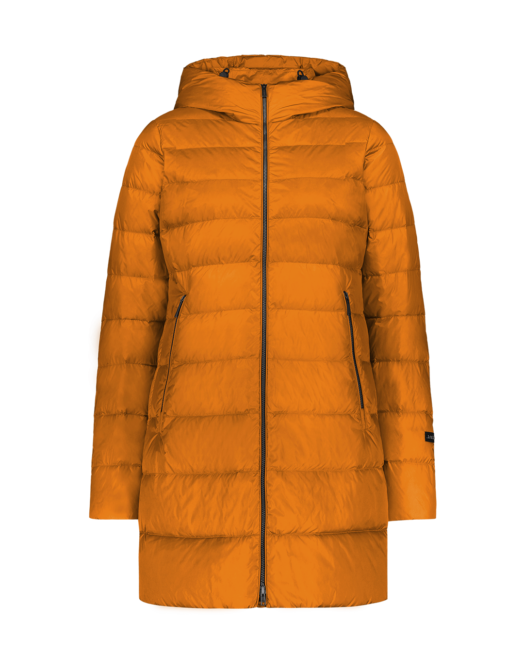 Keltainen, reiden puoliväiin ulottuva Ruut-kevytuntuvatakki (väri: meripihka), jossa on vaakasuorat tikkaukset, huppu ja vetoketjulliset taskut. Takki on kuvattu edestä ilman mallia tai taustaa.