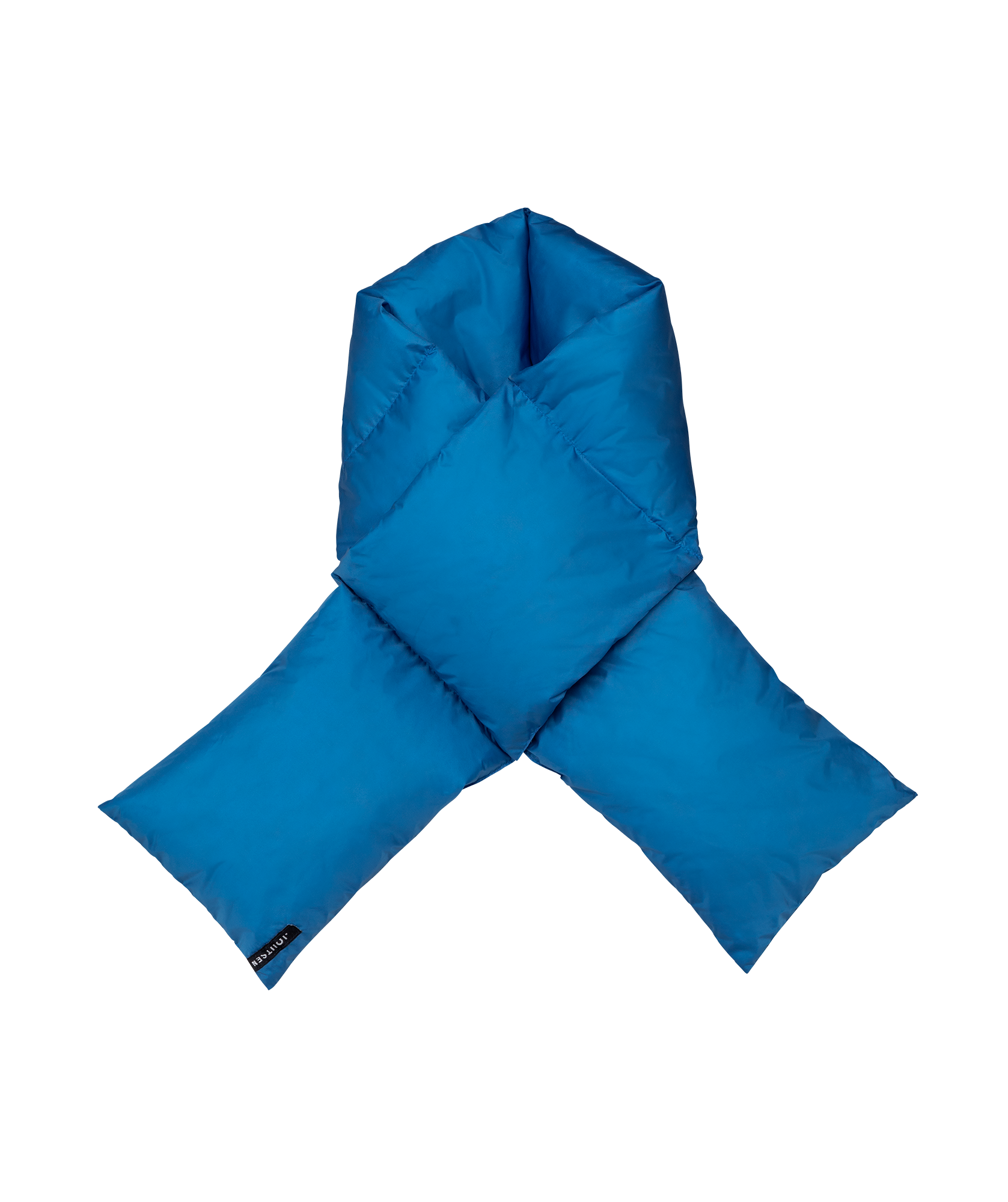 Kirkkaan sininen Hiutale-untuvahuivi (väri: sinisiipi), jossa on pehmeä, paksu rakenne ja huivin päässä musta logolappu. Huivi on pujotettu ristiin edestä.