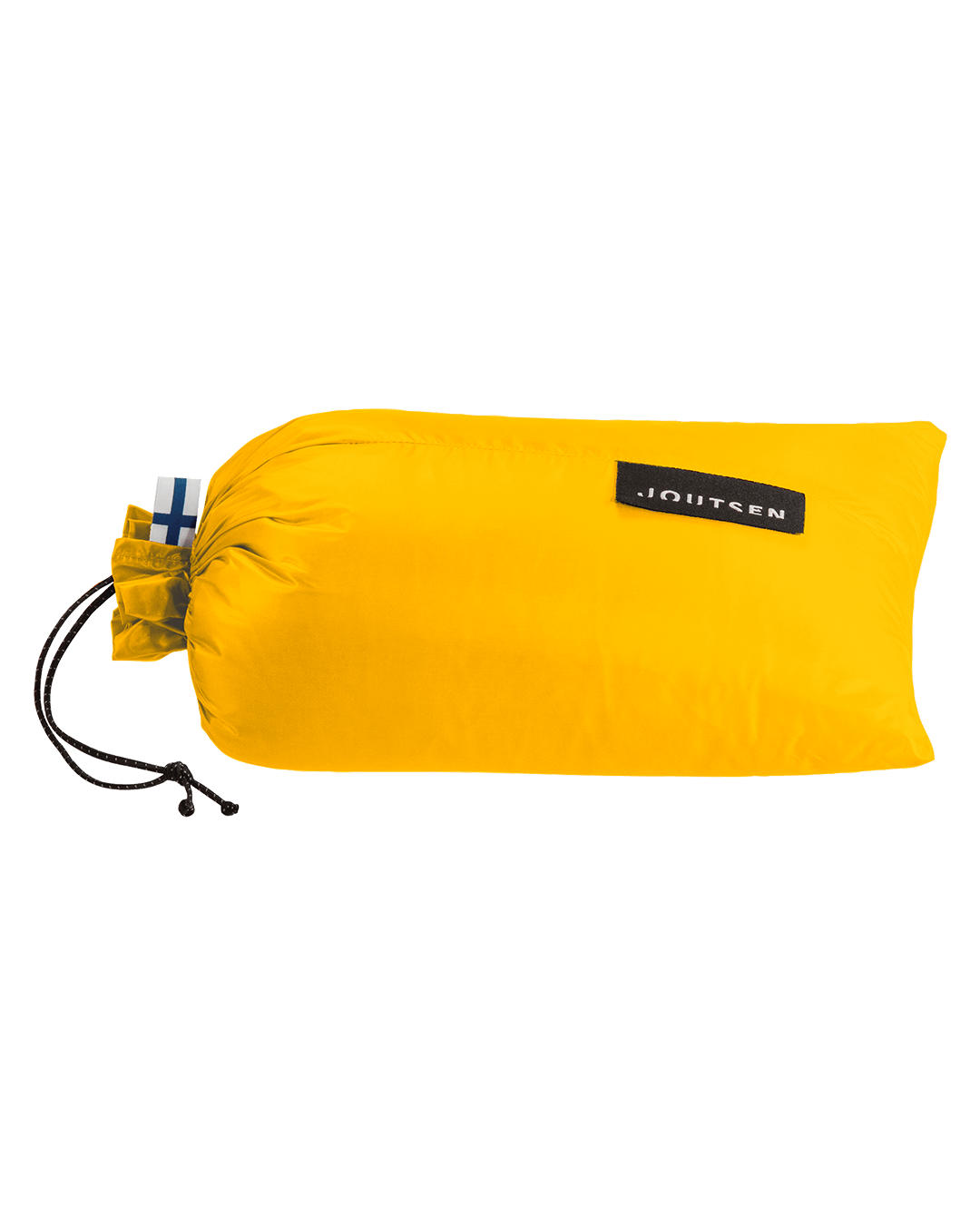 Keltainen Kulkuri-untuvatorkkupeitto (väri: Toscanan aurinko) on pakattuna saman väriseen pakkauspussiin.