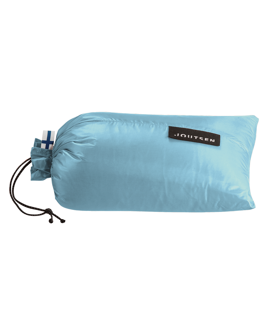 Jäänsininen Kulkuri-untuvatorkkupeitto on pakattuna saman väriseen pakkauspussiin.