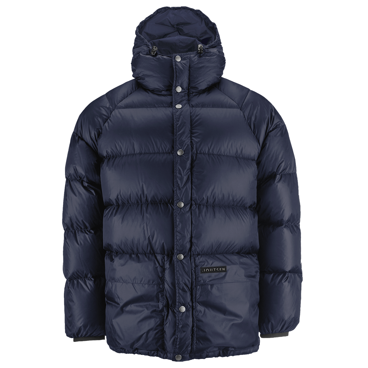 Tummansininen Tauko-untuvatakki, jossa on suuri huppu, painonappi- sekä vetoketjukiinnitys ja etutaskut. Takki on tikattu vaakasuunnassa ja siinä on pieni logomerkki taskun päällä.