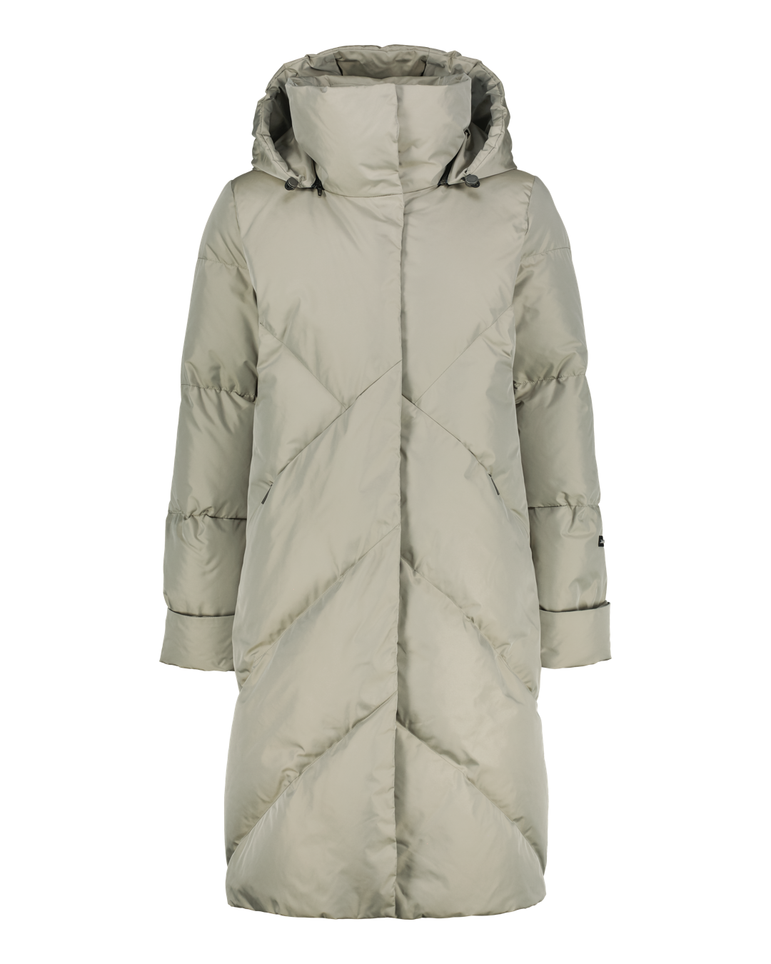 Viistoon tikattu untuvatakki korkealla kauluksella ja hupulla. Käännettävät hihat ja kiristys hupussa.