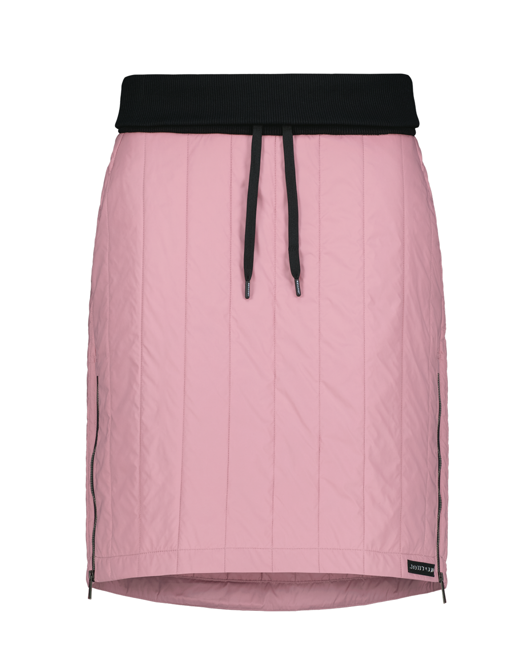 Vaaleanpunainen pystytikattu Kieppi-hame, jossa on musta joustovyötärö ja kiristysnauhat sekä vetoketjut sivuilla.