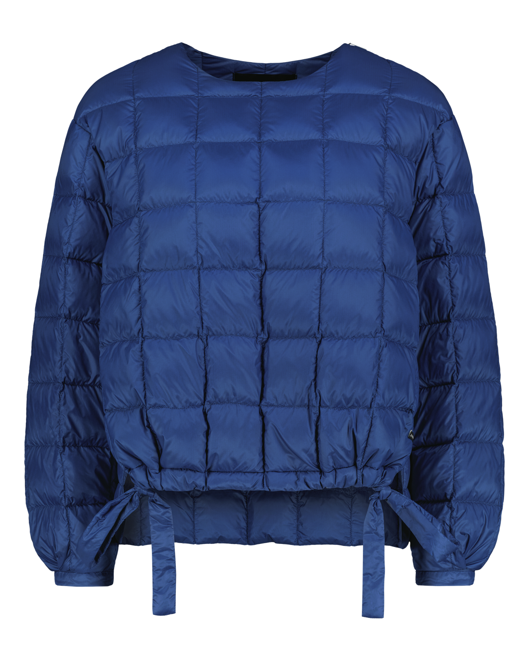 Sininen kevytuntuvapaita, jossa on pyöreä pääntie, tikattu pinta ja helmassa kiristettävät nauhat.