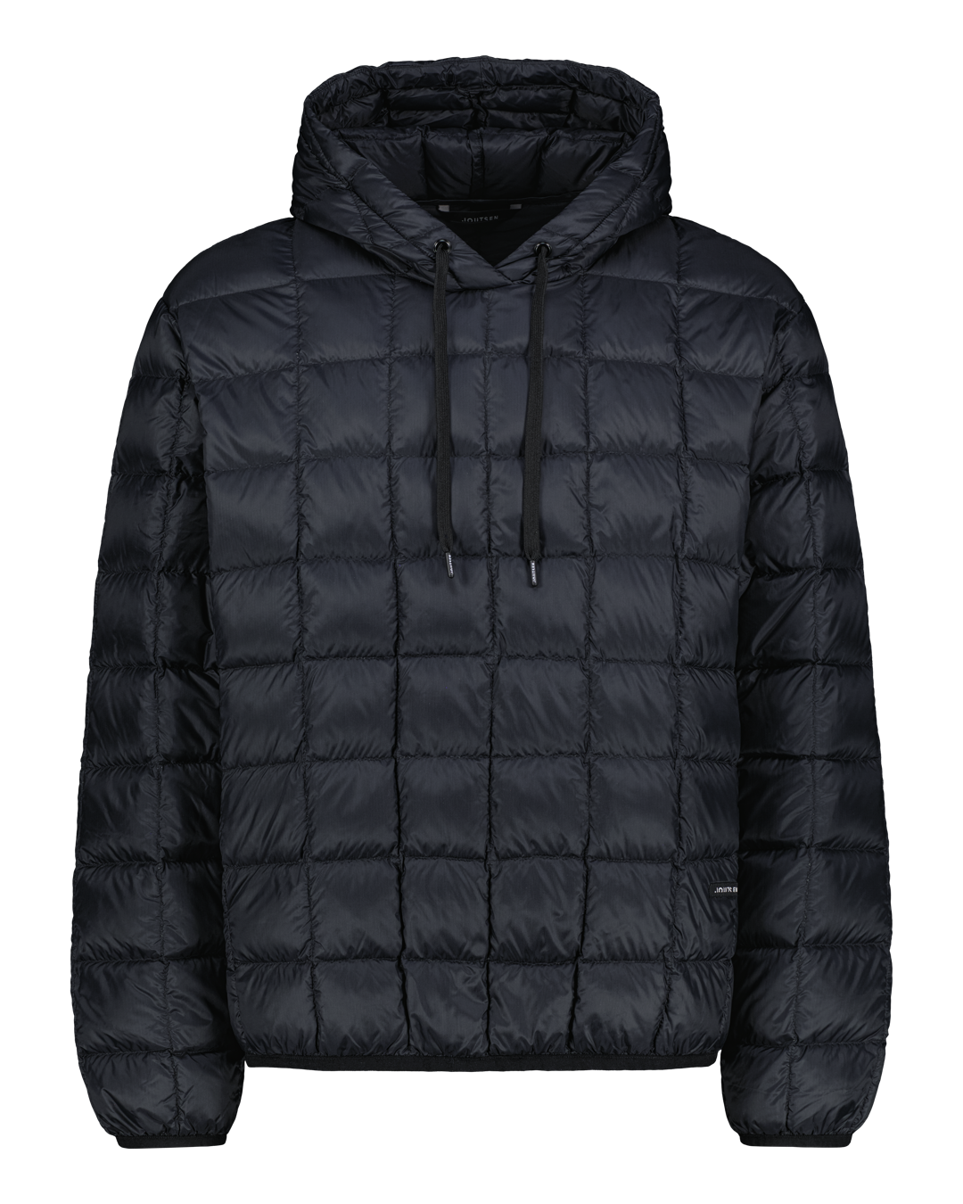 Musta ruututikkikuvioitu untuvahuppari, jossa on kiristysnyörit hupussa.