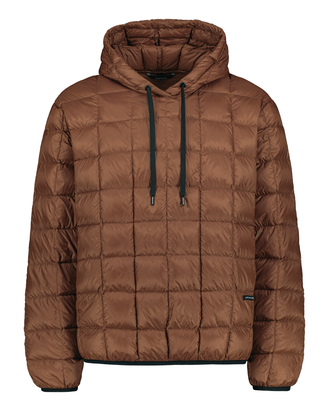 Ruskea ruututikkikuvioitu untuvahuppari, jossa on kiristysnyörit hupussa.